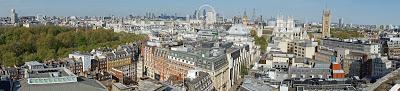 View from 55 Broadway, showing the trees of St James's Park to the left, the London Eye in the centre, and the Houses of Parliament to the right.