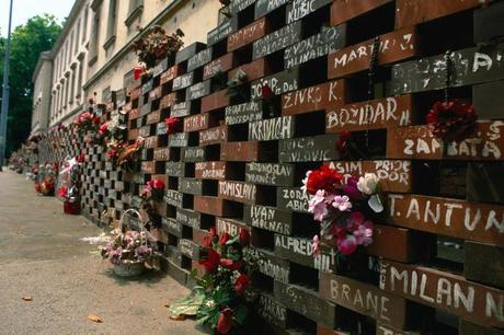 The memorial wall of bricks around the NATO building in Zagreb representing the lost and dead peple from the civil war.