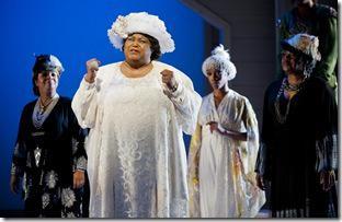 Felicia P. Fields as Mother Shaw (center) with ensemble members Shari Addison, Yusha-Marie Sorzano and Laura Walls in Regina Taylor’s 10th anniversary production of Crowns at Goodman Theatre. (photo credit: Liz Lauren)