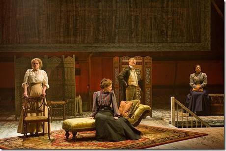 (center) Andrey (Dan Waller) confronts his sisters (left to right) Irina (Caroline Neff), Masha (Carrie Coon) and Olga (ensemble member Ora Jones) in Steppenwolf Theatre Company’s production of Anton Chekhov’s Three Sisters, adapted by ensemble member Tracy Letts, directed by ensemble member Anna D. Shapiro. 