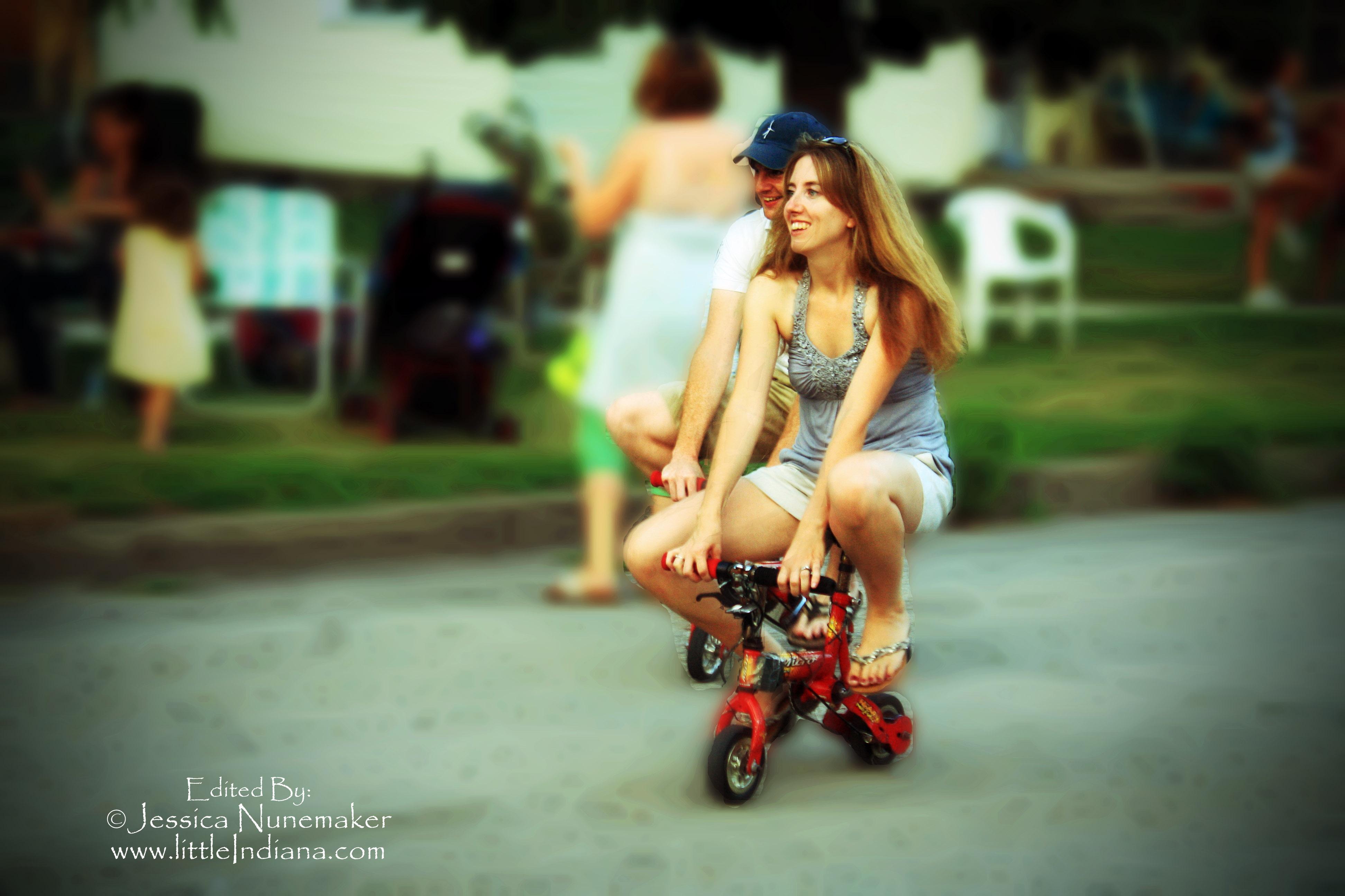 Neighborhood Circus and Block Party: little Indiana and Hubby Jeremy Nunemaker Test the Mini Bikes