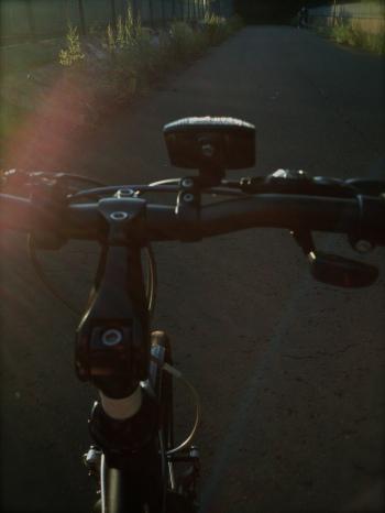 View of the path over the handlebars of a bike.