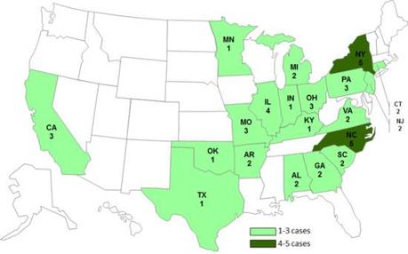 CDC map showing states in which Diamond-manufactured food caused human cases of salmonella poisoning: image via cdc.gov