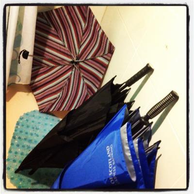 Umbrellas drying in the bath.