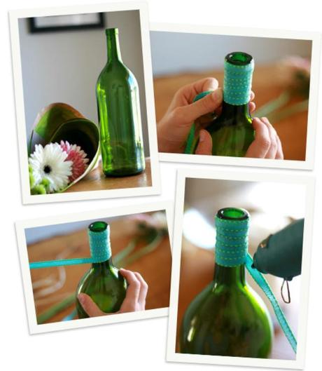 DIY: ribbon-wrapped wine bottle vase