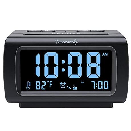 DreamSky Decent Alarm Clock Radio with FM Radio, USB Port for Charging, 1.2 Inch Blue Digit Display with Dimmer, Temperature Display, Snooze, Adjustable Alarm Volume, Sleep Timer.