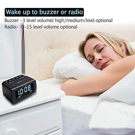 DreamSky Decent Alarm Clock Radio with FM Radio, USB Port for Charging, 1.2 Inch Blue Digit Display with Dimmer, Temperature Display, Snooze, Adjustable Alarm Volume, Sleep Timer.