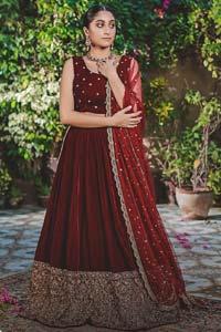 Maroon Front Open Maxi – Golden Back Train Lehenga