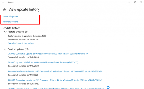 Uninstall windows updates in Windows10