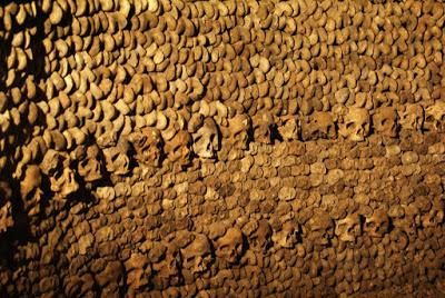 A photograph, taken in low artificial light, of rows of femurs end-on to the camera to form a wall, with one row of skulls about half-way up and another towards the bottom of the image.