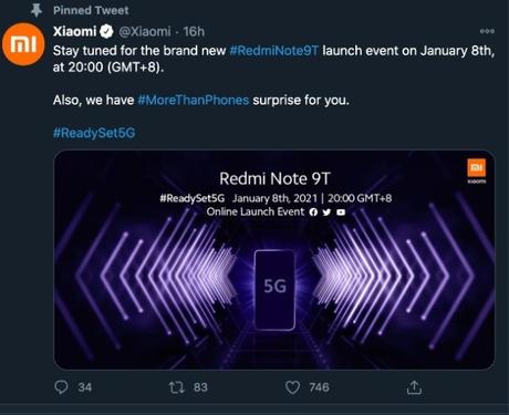 Xiaomi Redmi Note 9T headed for global launch on January 8