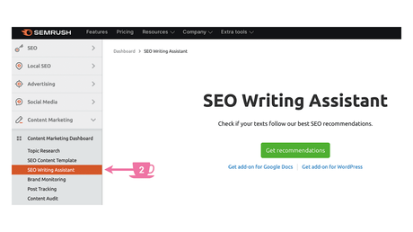 SEO Writing Assistant tab in the navigation sidebar