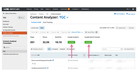 connect SEMrush to your Google Analytics and Google Search Console