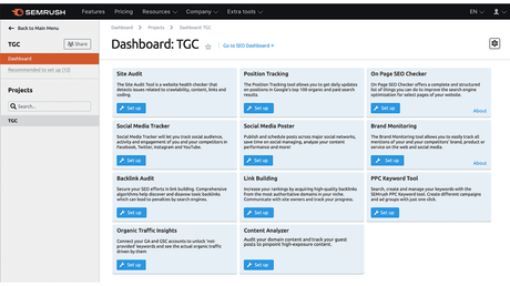 The Tools from SEMrush Project Dashboard