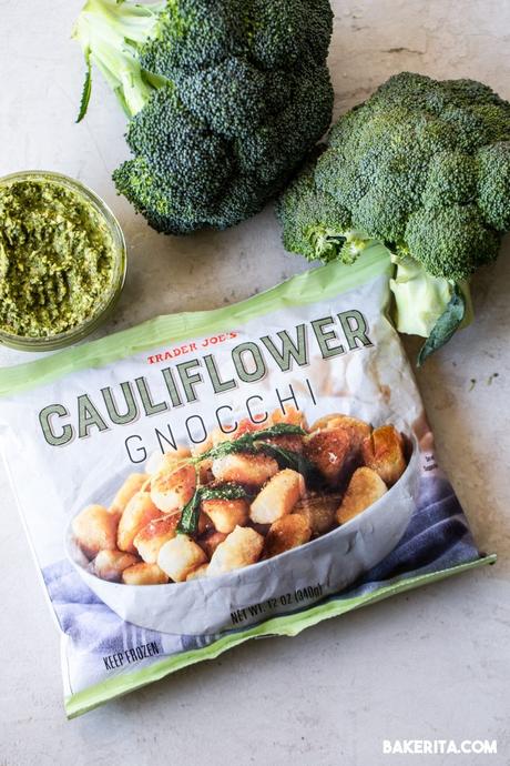 broccoli crowns, vegan pesto, Trader Joe's Cauliflower Gnocchi