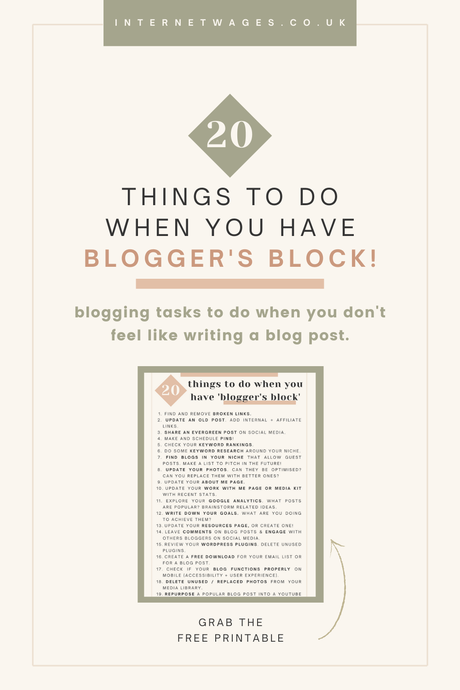 20 Things To Do When You Have Blogger's Block. Blogging Tasks to do when you don't feel like writing a blog post.