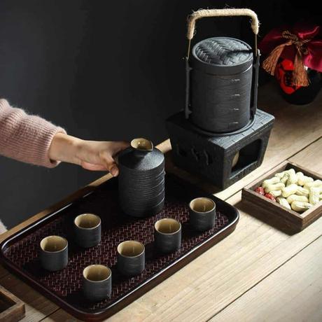 Best Candle Stove Sake Warmer: Japanese Ceramic Black Glaze Sake Set with Warmer Pot and Candle Stove
