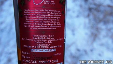 Paul John Christmas Edition 2020 Back Label