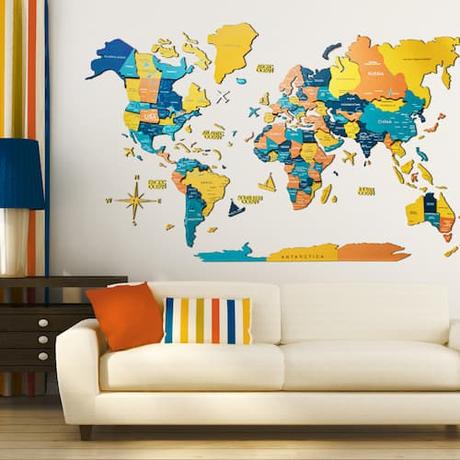 3D Colored Wood World Map for Wall