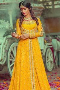 Rust Anarkali Frock Pink Dupatta Mehndi Bridal Dress