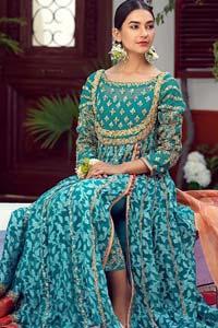 Teal Blouse Golden Lehenga Maroon Dupatta