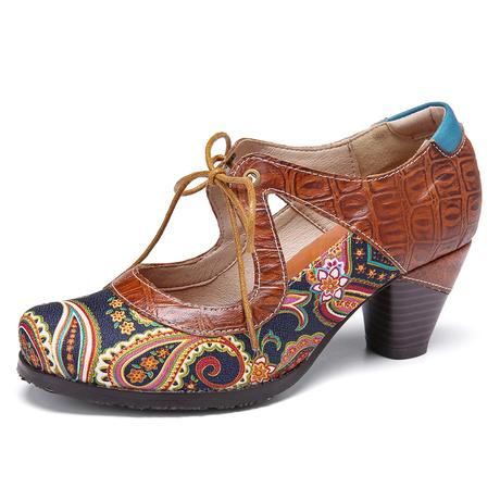 SOCOFY Paisley Shoes Splicing Leather Cutout Lace-up Chunky Pumps