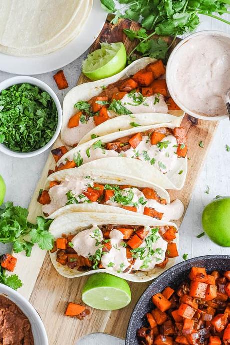 Sweet Potato Tacos with a Spicy Yogurt Sauce