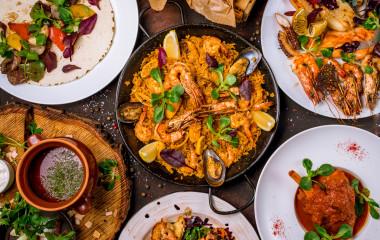 Assorted Spanish food set Paella seafood platters, grilled seafood