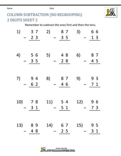 This subtraction worksheet may be configured for 2, 3, or 4 digits. 2 Digit Subtraction Worksheets