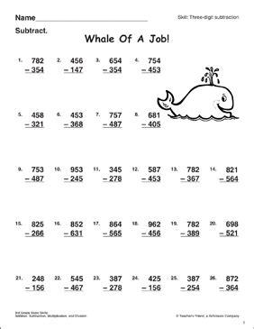 Subtracting with all regrouping (a) answers. Whale of a Job! (Three-Digit Subtraction With/Without ...