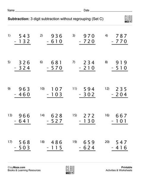There are lots of traditional worksheets, as well as card games and math riddle puzzles. This worksheet has 20 subtraction problems with 3 digit ...