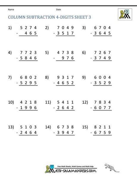 Problems are arrangement is vertical and 20 subtraction problems per worksheet. 4 Digit Subtraction Worksheets