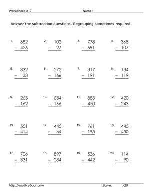 Printables for third grade math students, teachers, and home schoolers. 3-Digit Subtraction Worksheets (Some Regrouping)