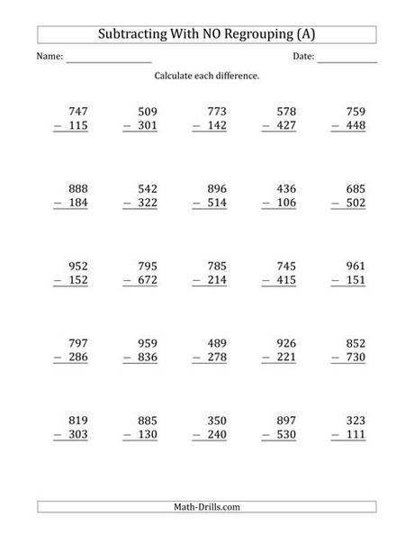 3 Digit Subtraction Regrouping Worksheet Pdf - Free 3.NBT.2 Spring Themed 3 Digit Subtraction With ... / Each worksheet has 20 problems practicing the concept of regrouping (borrowing). 'unlocking the door' is a fun printable math worksheet for third graders with addition and subtraction problems that require regrouping. 3-Digit Minus 3-Digit Subtraction with NO Regrouping (A)