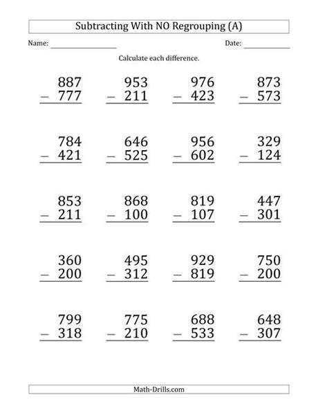 Problems are arrangement is vertical and 20 subtraction problems per worksheet. Large Print 3-Digit Minus 3-Digit Subtraction with NO ...