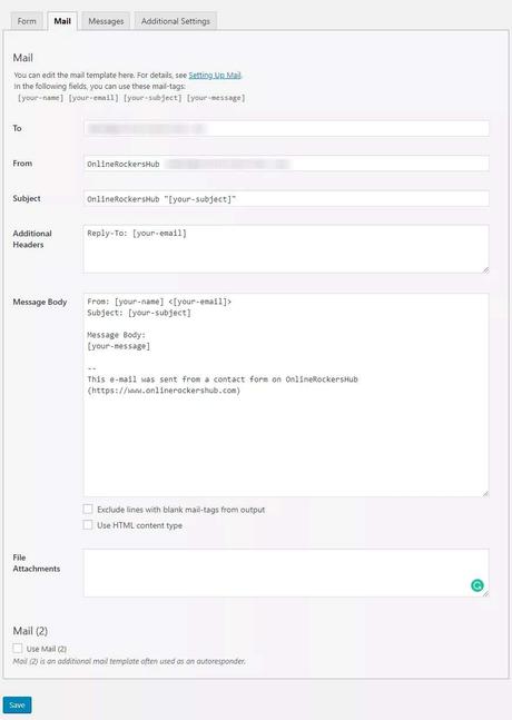 Setting up mail features in Contact Form 7 plugin
