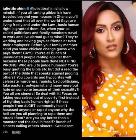 You cowards applaud killers, rapists, false priests, and bad politicians, but you want to hate someone because of their sexuality – Juliet Ibrahim takes on homophobes.
