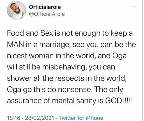 Comedian Woli Arole writes, “You may be the loveliest woman on the planet and your man would always misbehave,” as he exposes the only thing that can hold a marriage together.