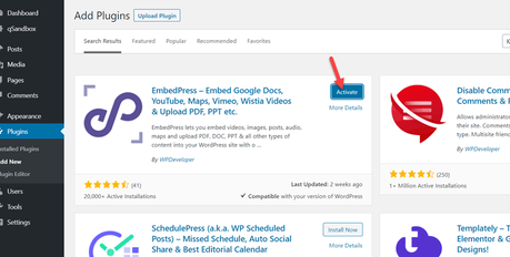 activate embedpress plugin