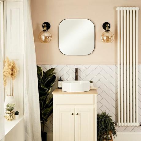 white vertical radiator in a modern bathroom