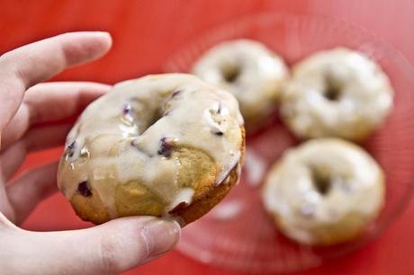 black cherry donuts with white chocolate marshmallow glaze