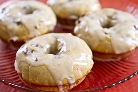 black cherry donuts with white chocolate marshmallow glaze