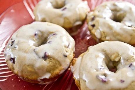 black cherry donuts with white chocolate marshmallow glaze