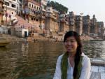 Sonya in the boat sailing along the Ganges River