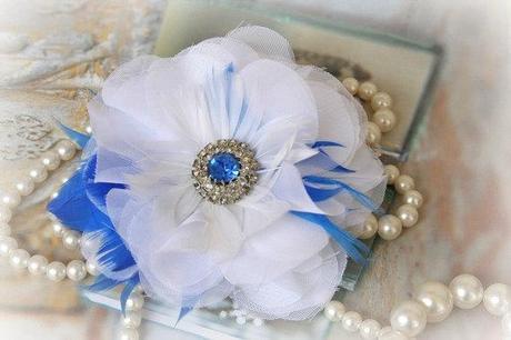 SALE Bridal Fascinator,  Hair Flower, Wedding, Bridal, Hair Accessory, Fascinator, Hair Clip, Blue, White