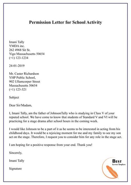 To, sidder goege almond college 23 westwood street, dallas, usa. Permission Letter Template For School - Format, Sample ...
