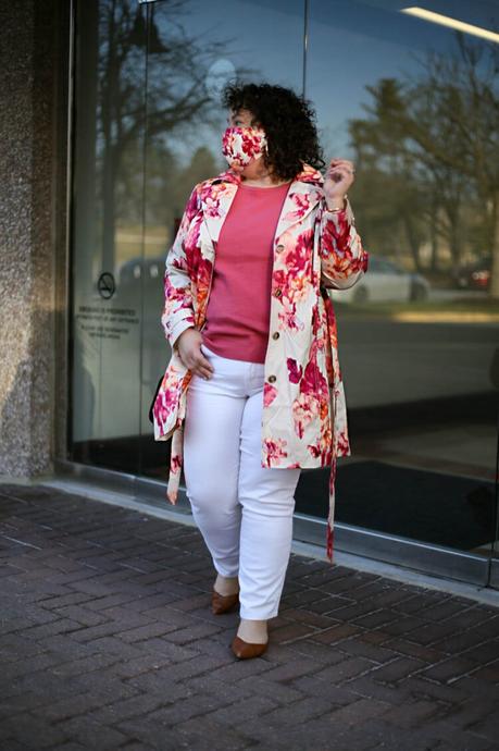 Floral Petite Raincoat with White Jeans