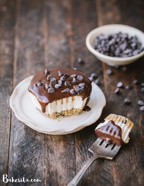 These No-Bake Vegan Chocolate Chip Cookie Dough Cheesecakes have a gluten-free and paleo cookie dough crust with a luscious cashew cheesecake filling. With dripping dark chocolate ganache on top, these make a decadent treat you'll make again and again!