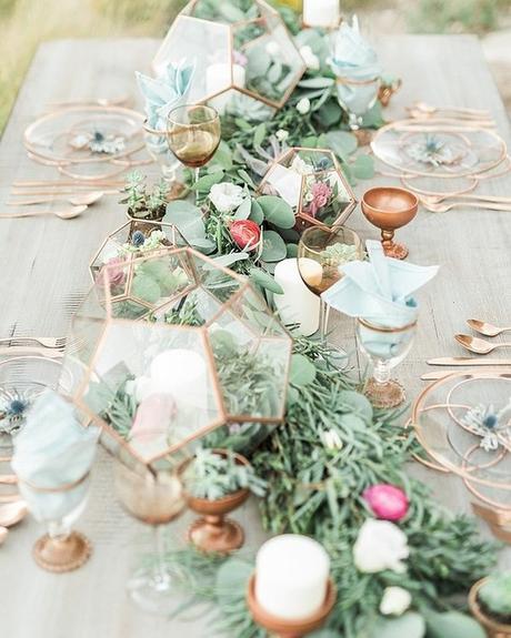 wedding decor trends table with greenery and golden geometric decorations trisha shelley photography