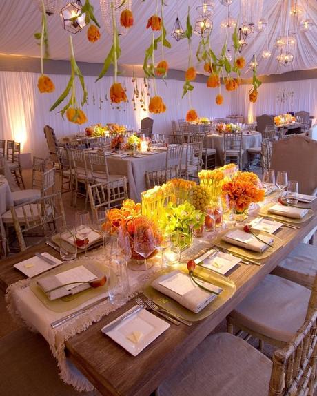 wedding decor trends reception under white tent decorated with suspended tulips and lanterns mindy weiss